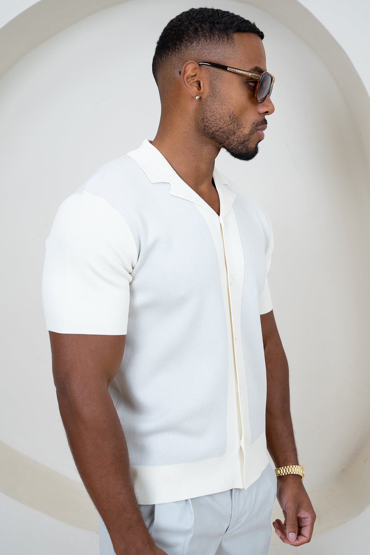 Herringbone Premium Knit Shirt - Grey/White