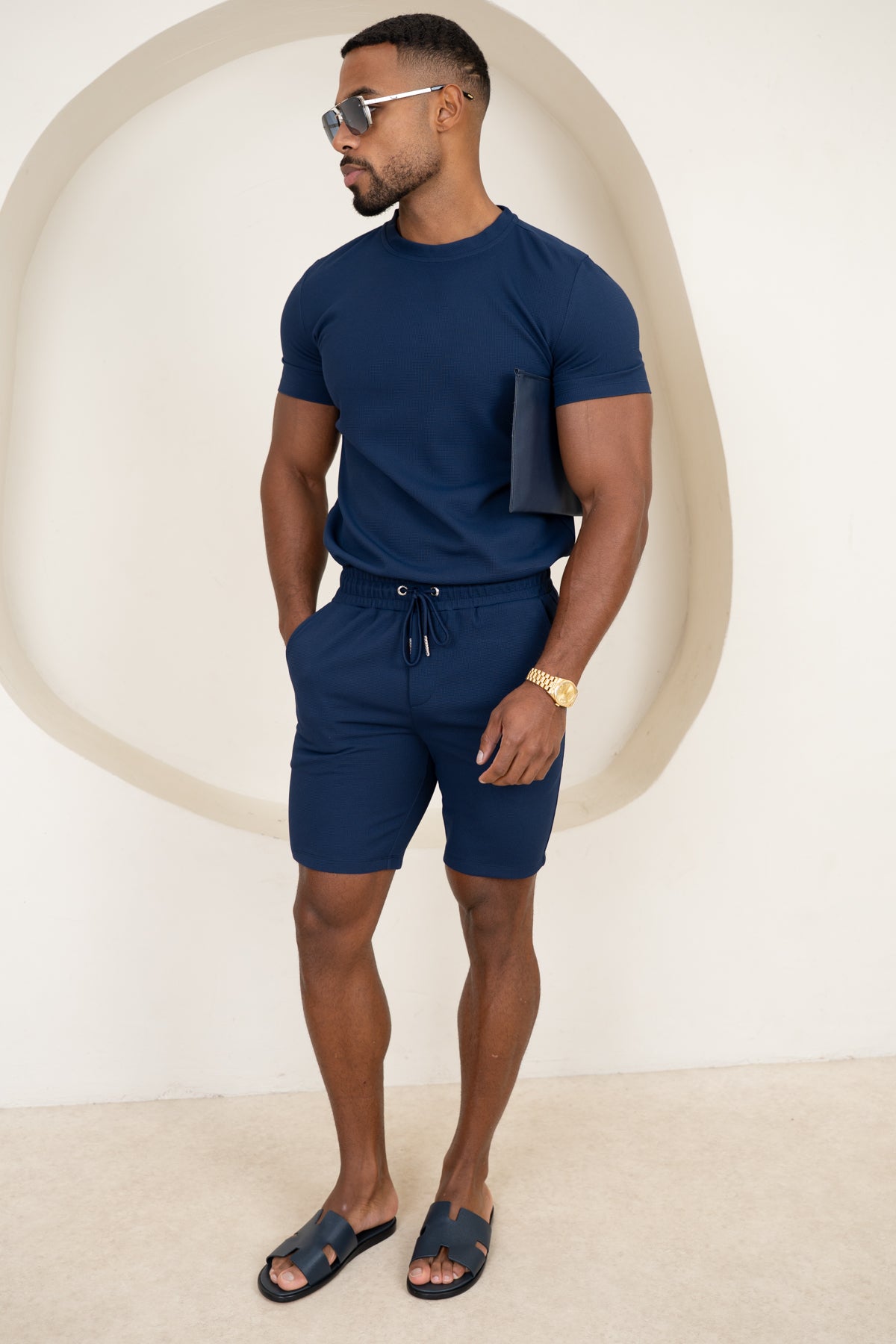 Waffle Knit Slim Fit T-Shirt - Navy